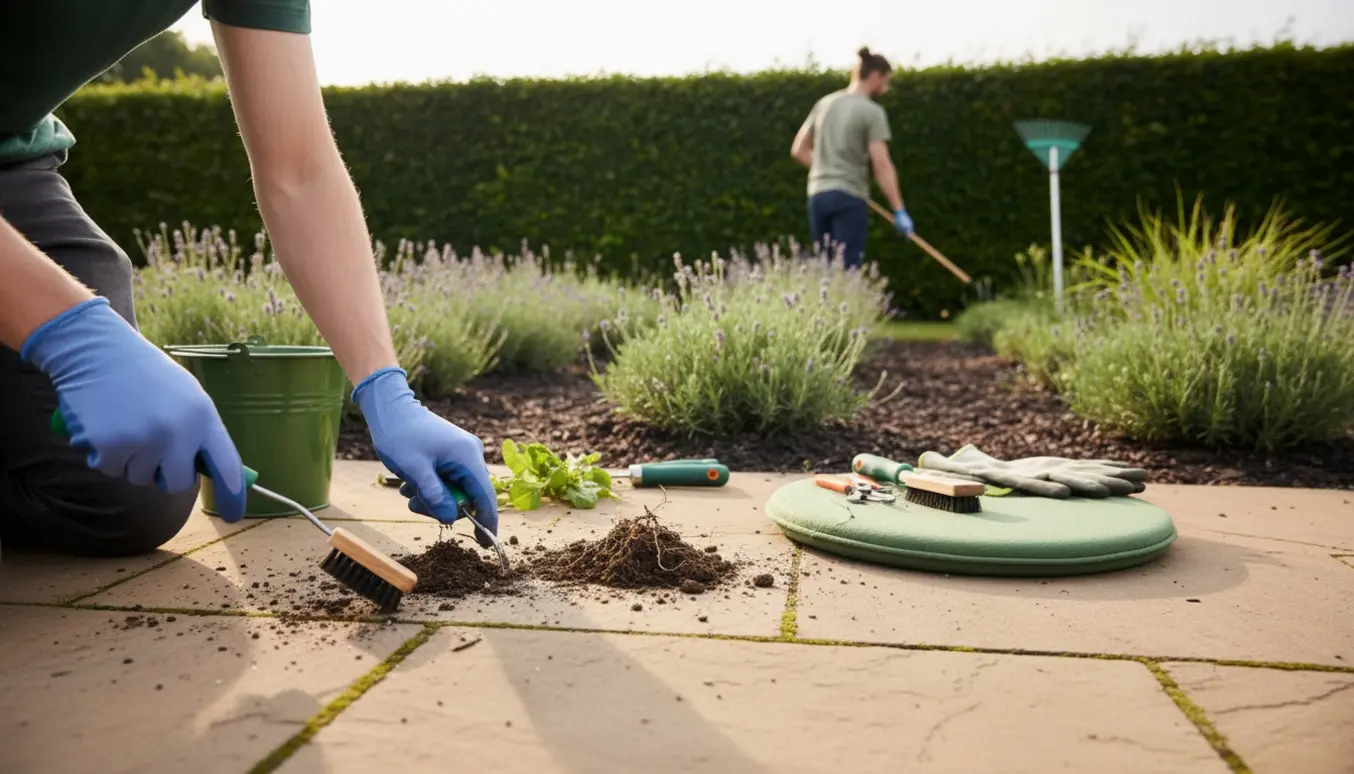 Nærbillede af hænder, der fjerner ukrudt mellem fliser, i bede og langs en hæk.