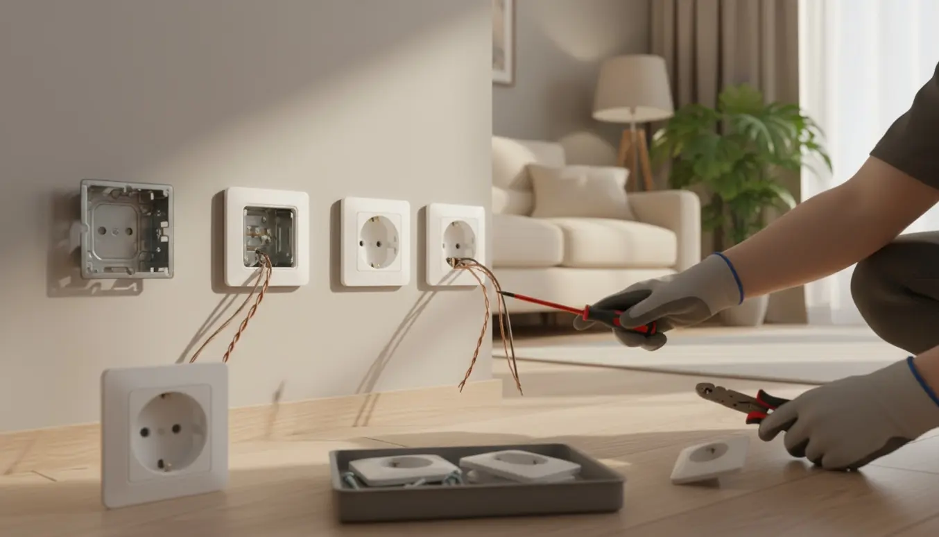 Hænder monterer tre dobbelte stikkontakter i en lys stue med værktøj og kabler.