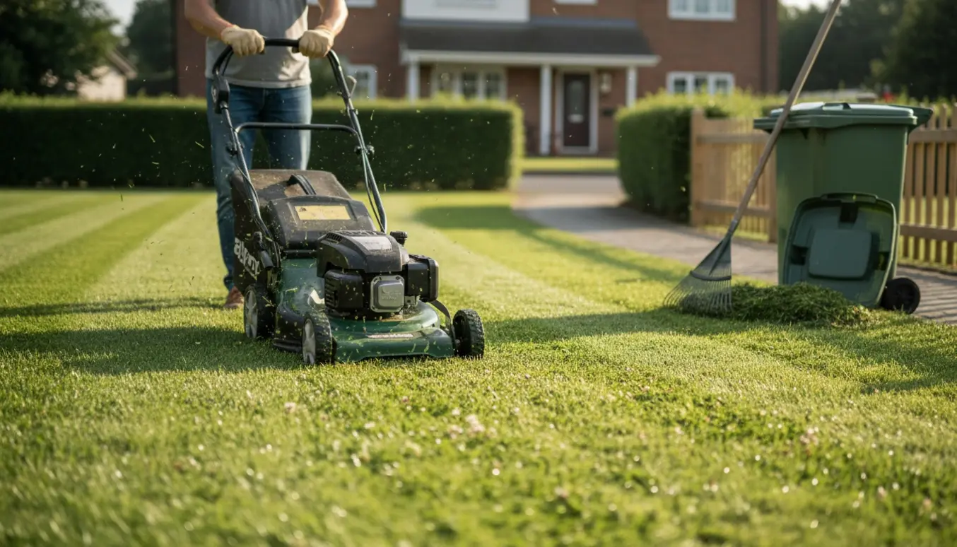 Plæneklipper slår en stribet forhave, mens opsamlede græsafklip lægges ved siden af en grøn haveaffaldsbeholder.