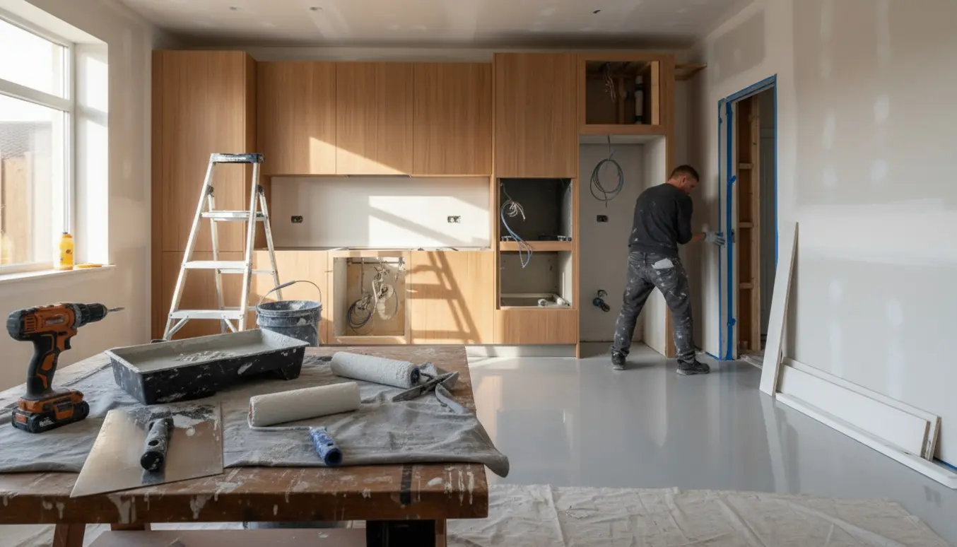 Nyt køkken under renovering med monterede skabe, friskspartlede vægge og nylagt epoxy-gulv, værktøj i forgrunden.