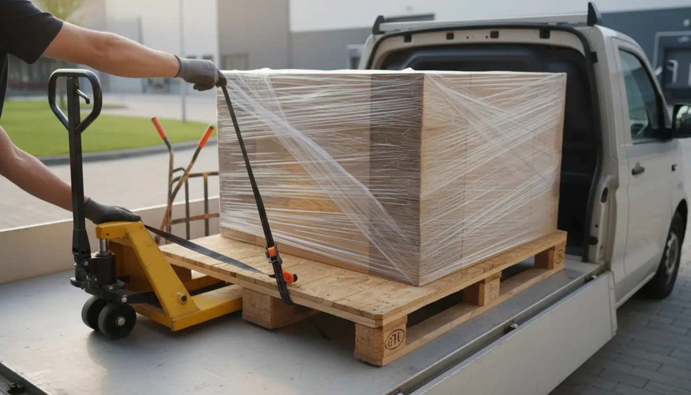 Stor spånpladepalle (ca. 250 x 60 cm), stak papkasser og klar plastfolie læsses på en varebil.