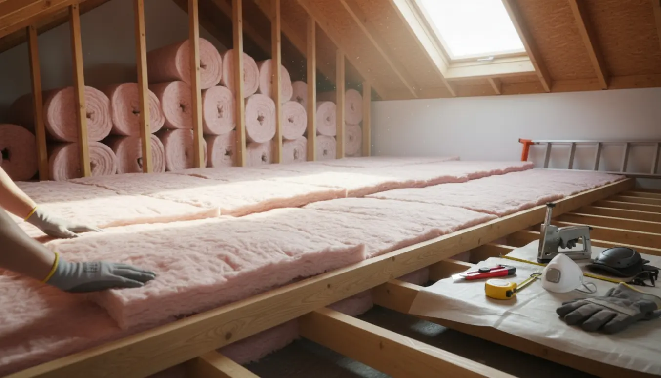 Loftrum med ruller isolering lagt i to lag mellem bjælkerne, håndværktøj og knæpuder i blødt dagslys.