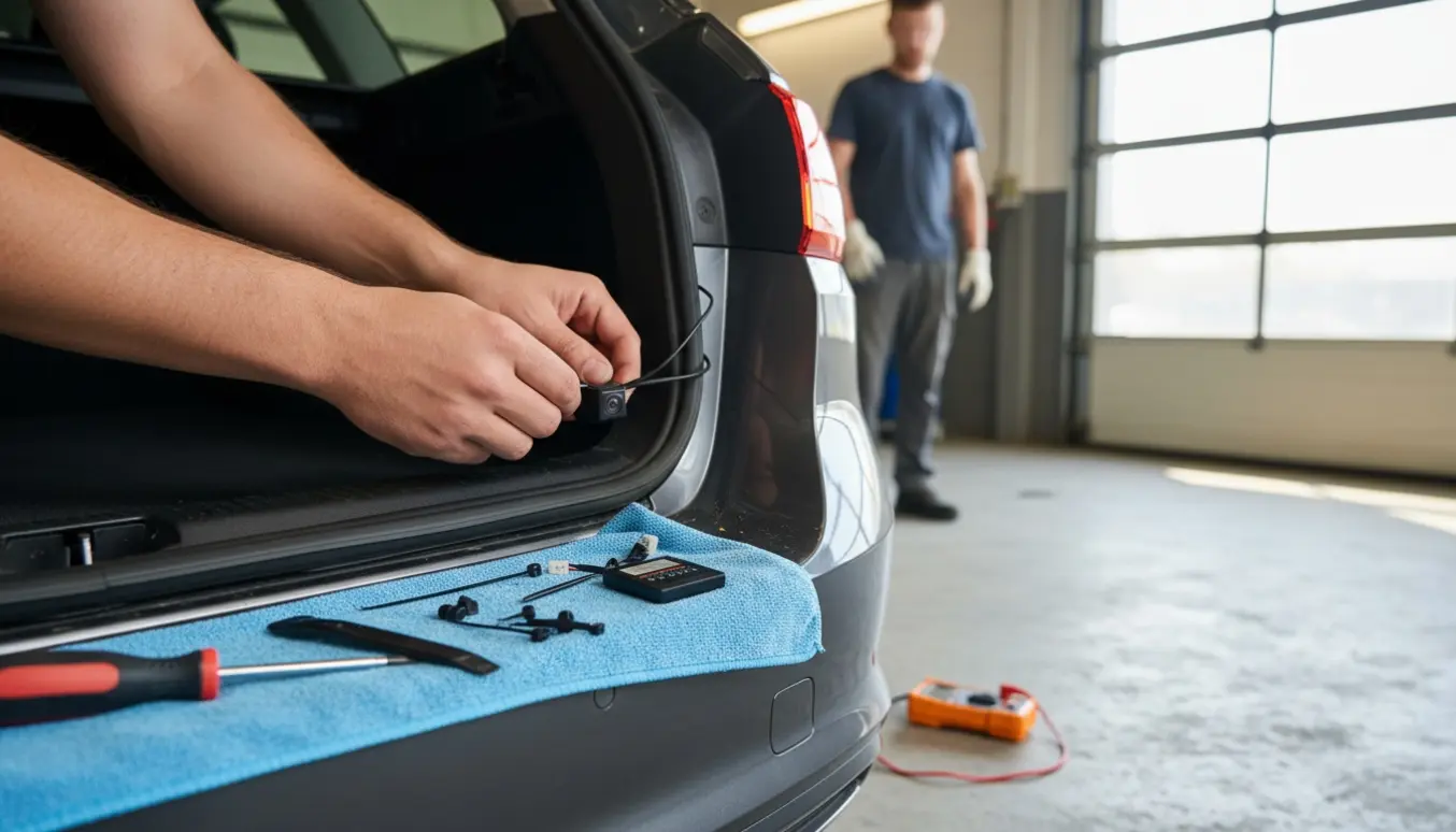 Hænder monterer et bakkamera i åben bagklap på en stationcar med værktøj og kabler synlige.