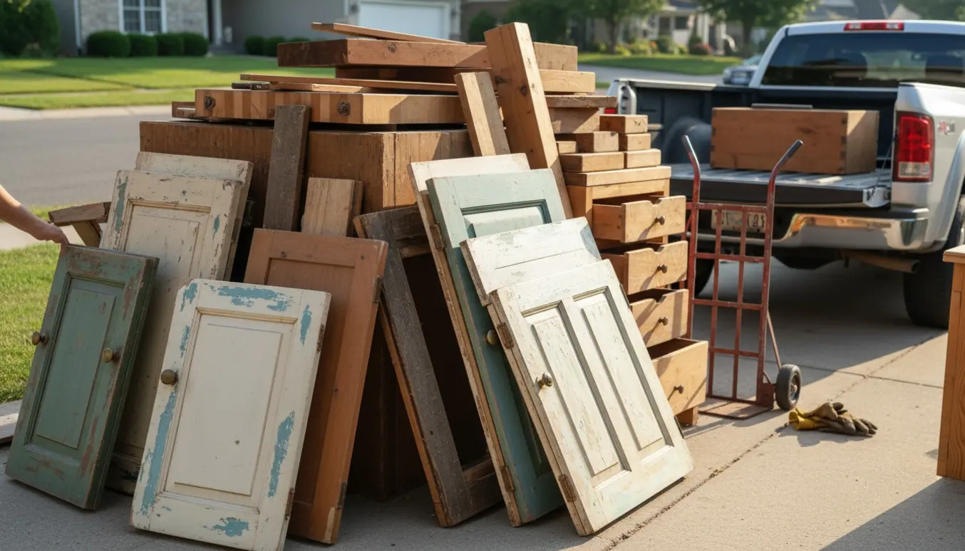 Stabel af genbrugstræ og køkkenskabe i indkørsel klar til afhentning.