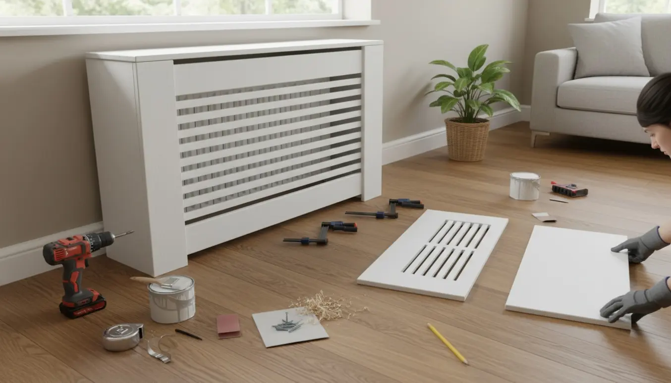 Næsten færdig radiatorskjuler i en stue med udskåret gitter, værktøj og materialer klar til montering.