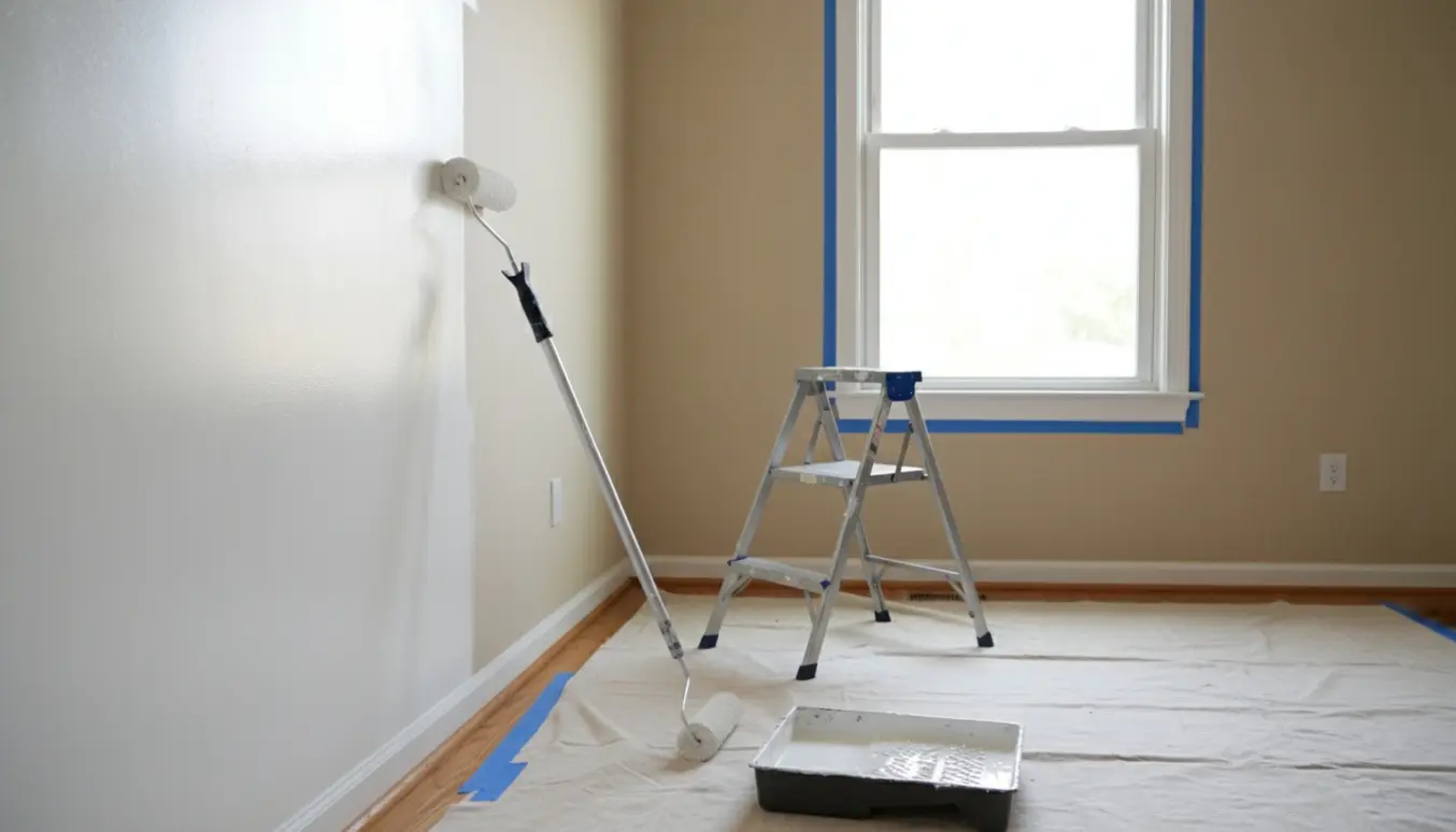 Delvist malet væg i et lyst rum med malerrulle og malerbakkke; vinduesrammer er afdækkede og urørte.