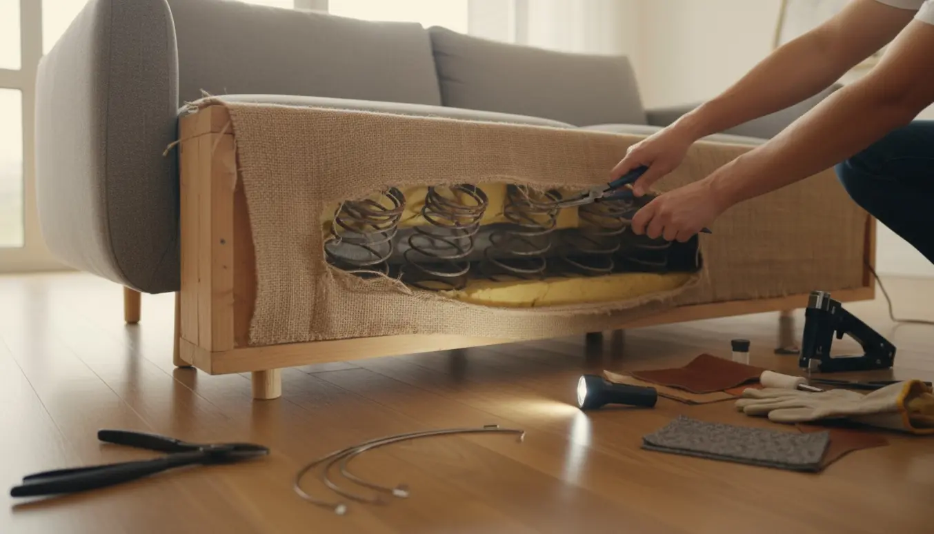 Hænder sætter to fjedre på plads under en sofa gennem et hul i betrækket.