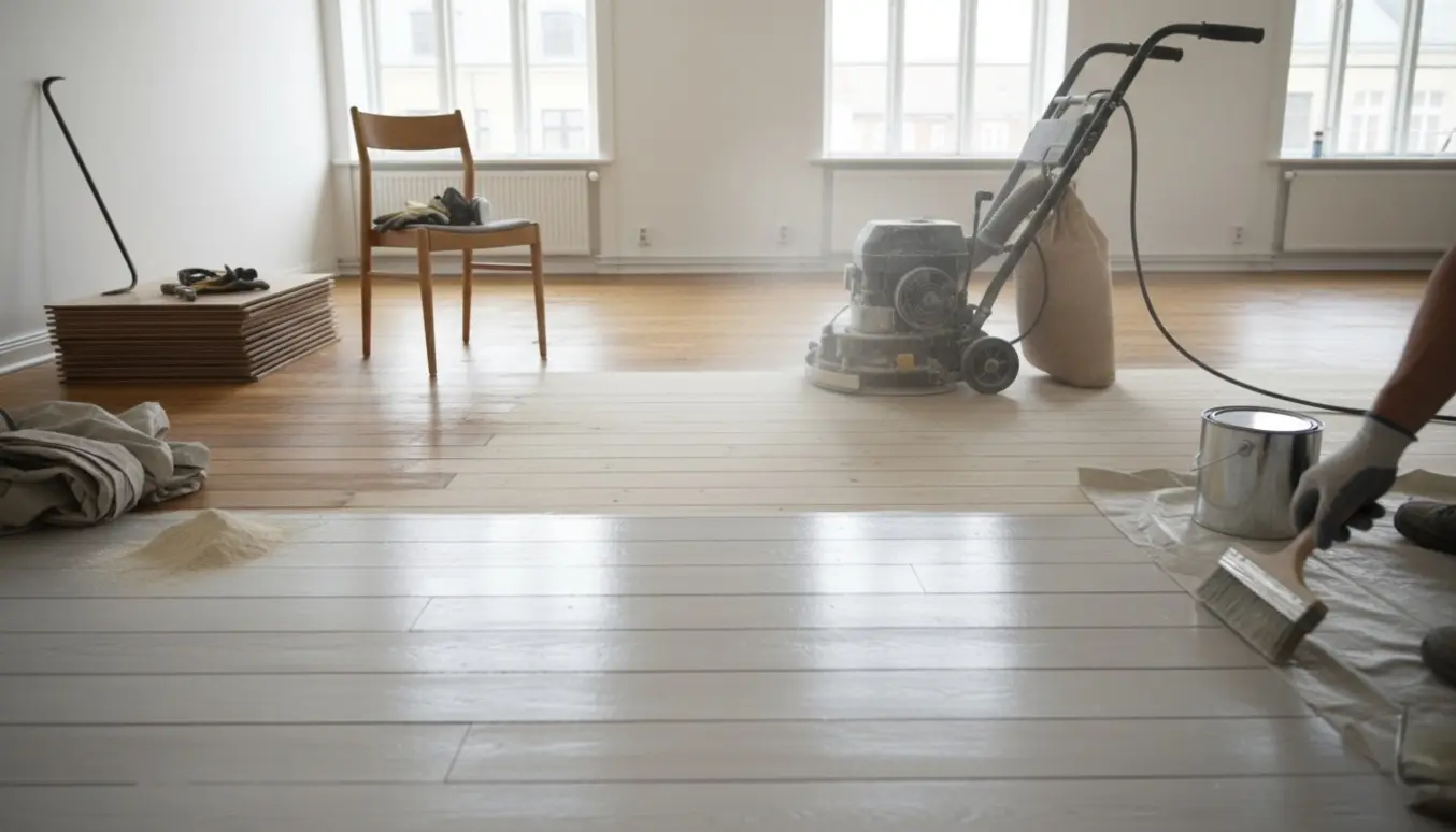 Lejlighed under gulvrenovering med slibemaskine, fjernet klikgulv og frisk påført hvid lud på plankegulvet.