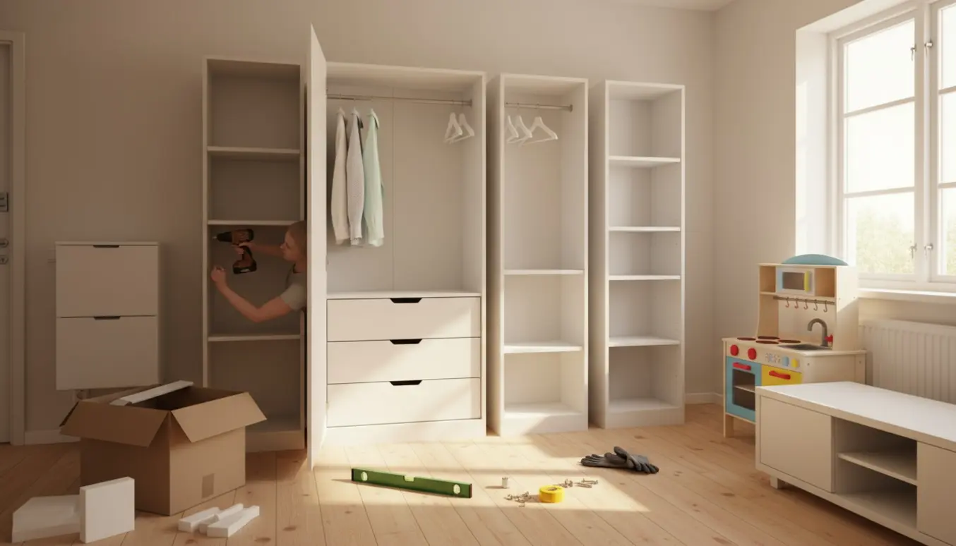 Lys lejlighed med fladpakkede møbler under samling: garderobe, skoskab, børnekøkken, to reoler fastgjort til væggen, TV-bord og værktøj.