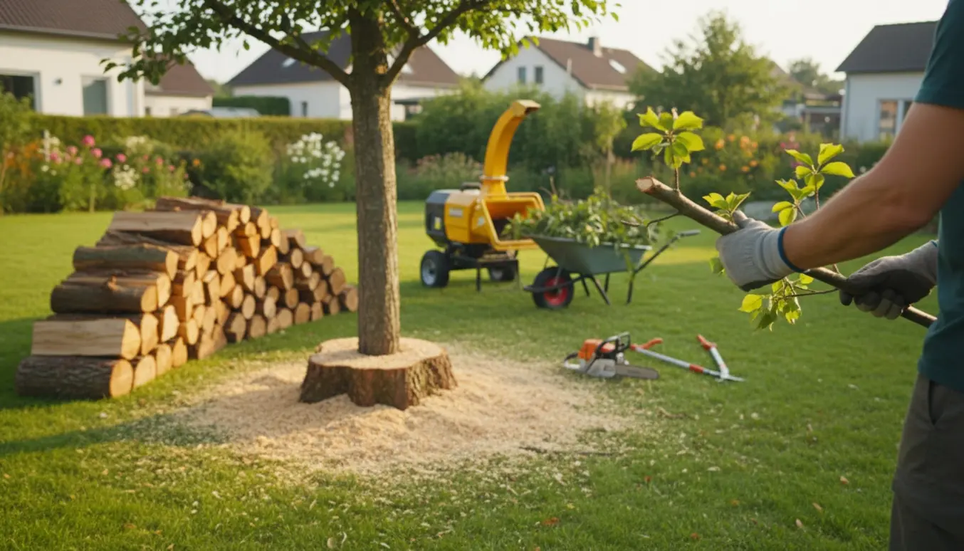 Beskæring af have træ med stabler af brænde og en flishugger i baggrunden.