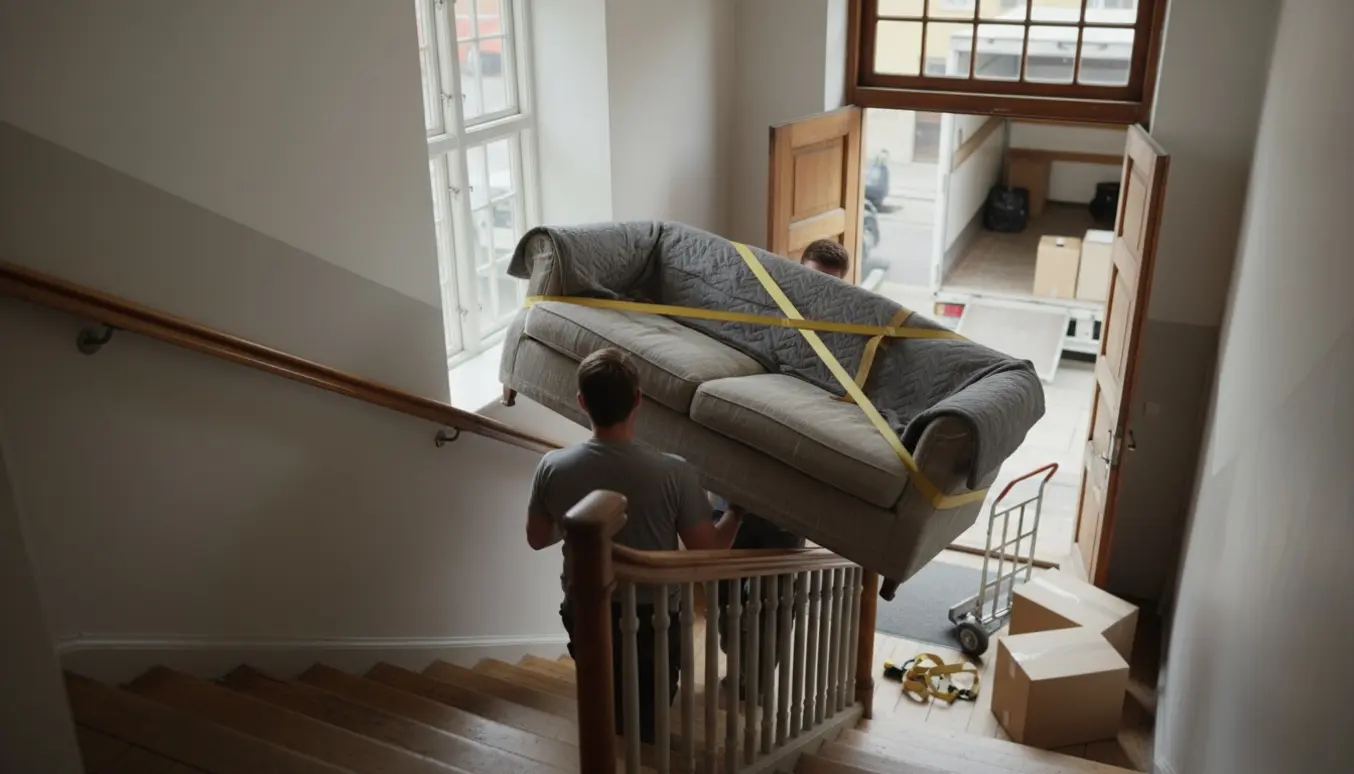 To flyttefolk bærer en mellemstor sofa ned ad en trappe i en lejlighedsbygning med en ventende flyttevogn udenfor.