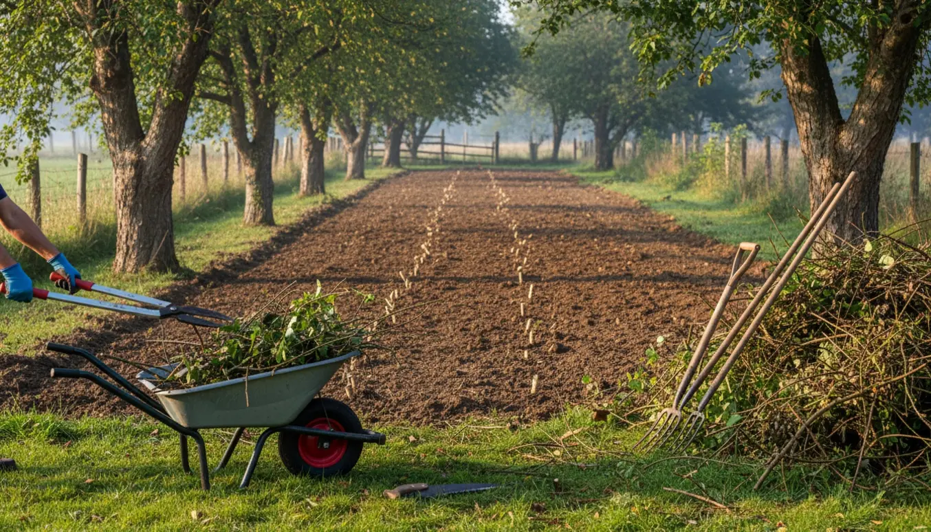 Nyryddet langt bed med blotlagt jord og en bunke afskårne grene ved siden af, mens træerne står tilbage.