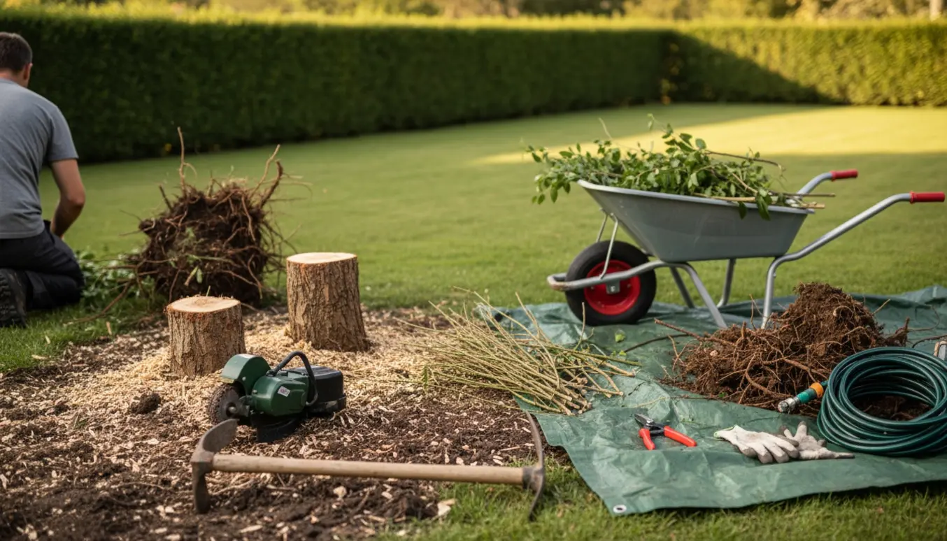 Havearbejde med beskæring og fjernelse af rødder ved to stubbe, værktøj og afklip samlet på et tæppe af flis og jord.
