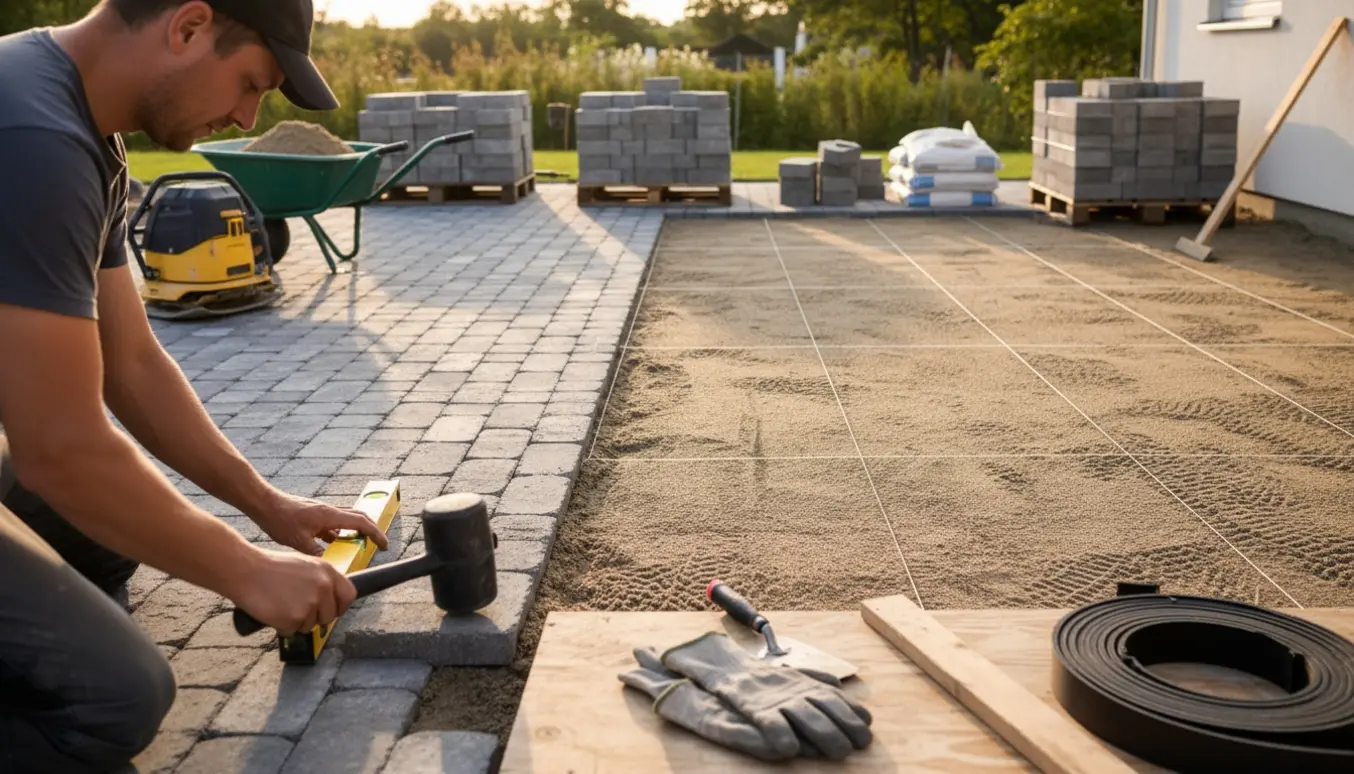 Stor terrasse under anlæg med Herregårdssten, sand og værktøj, uden tydelige ansigter.