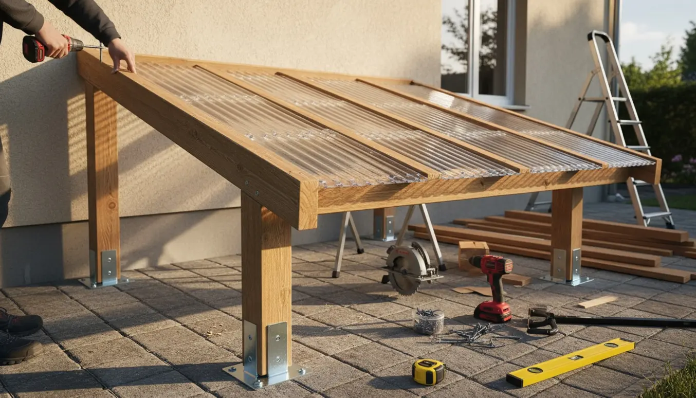 Simpel træoverdækning monteret på flisebelægning med værktøj ved siden af.