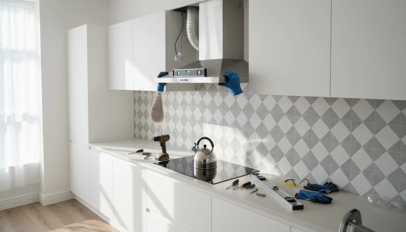 Installering af en rustfri emhætte i et moderne køkken med værktøj og åbent udsugningshul.