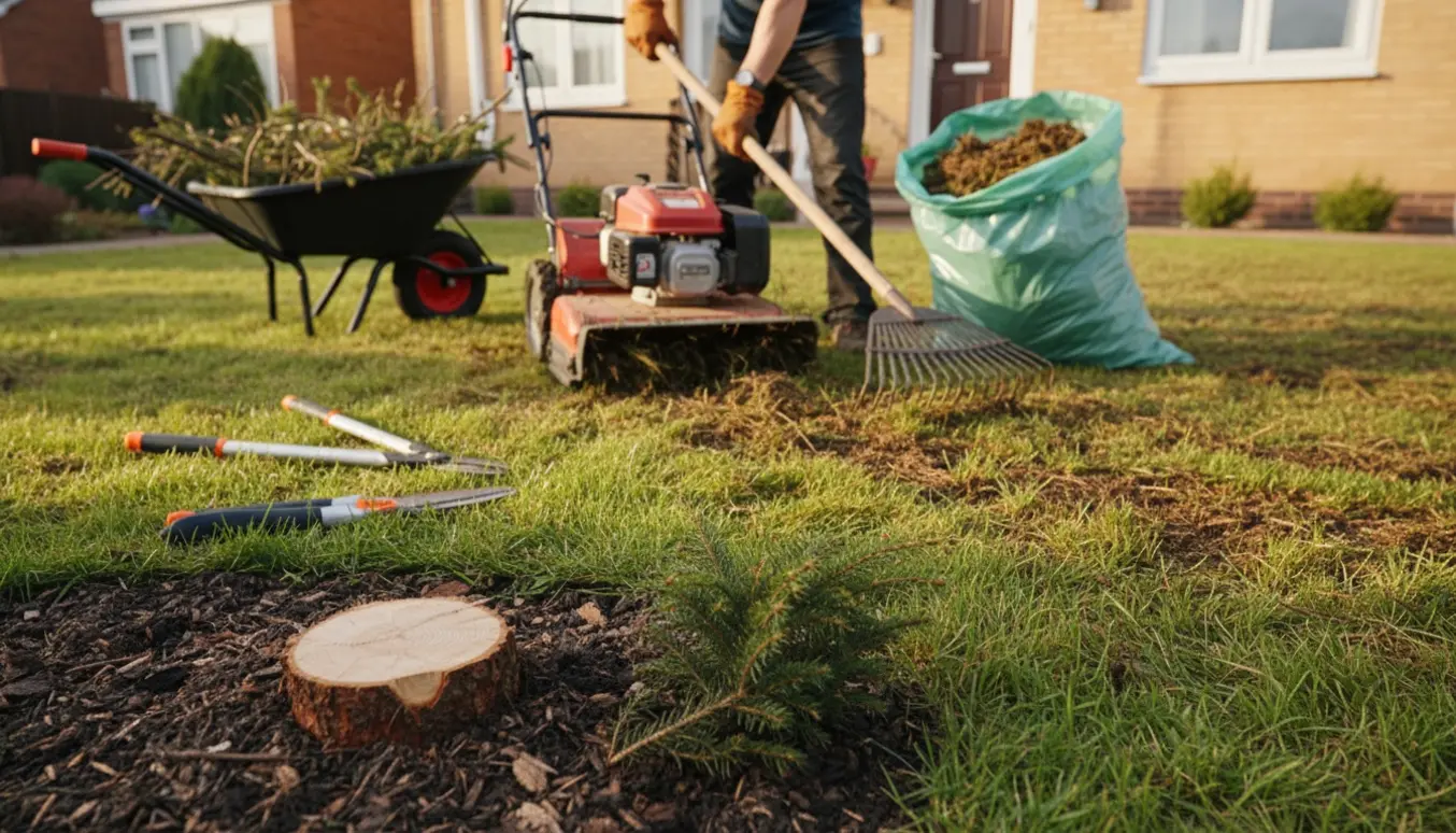 Nærbillede af mosfjernelse på græsplæne med scarifier og en afskåret gran-busk ved husets forhave.