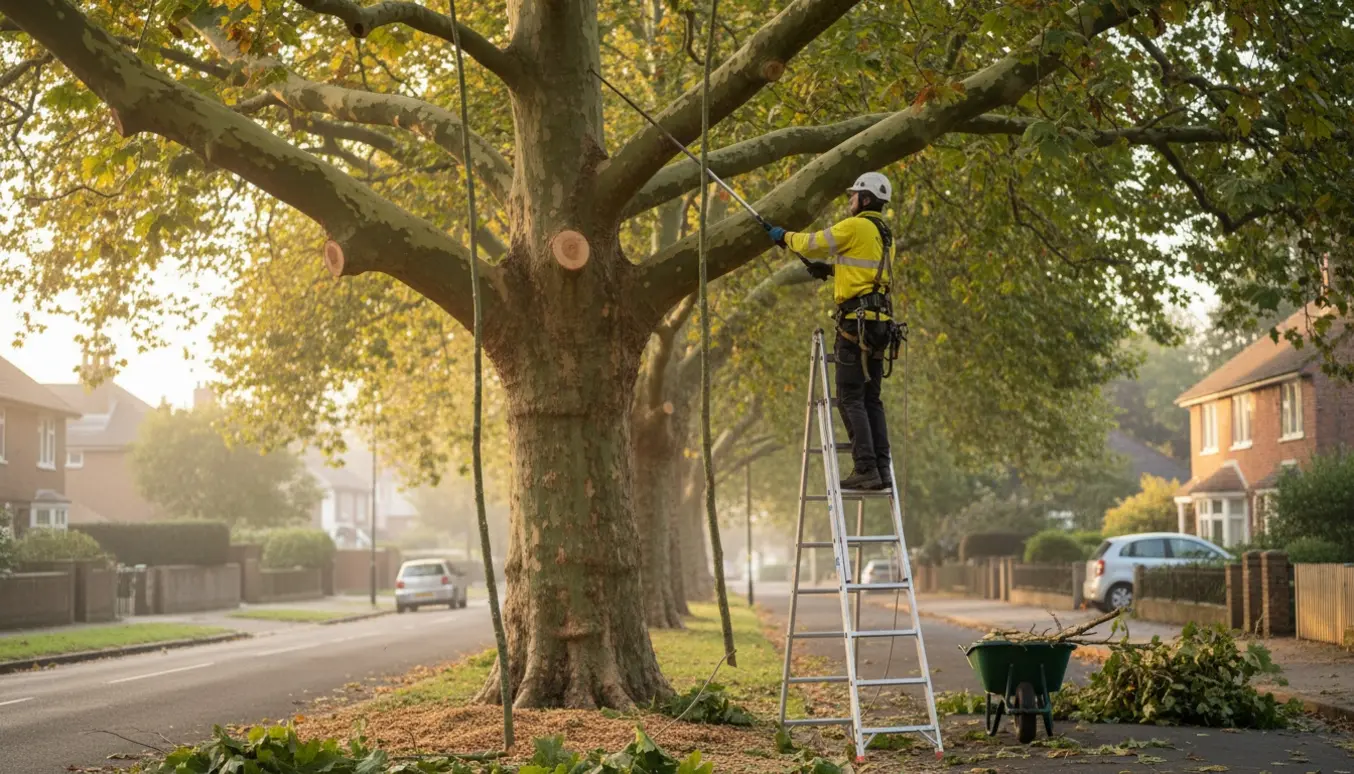 Arborist beskærer lange topskud på et platantræ, mens afklippede grene samles i en trillebør.