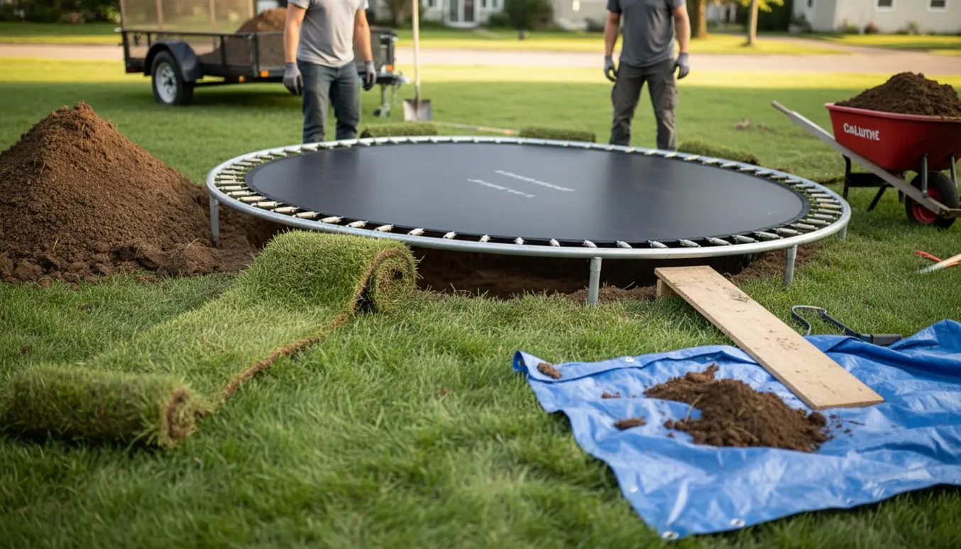 Halvnedsænket trampolin i en villahave under installation med jord og haveredskaber omkring.