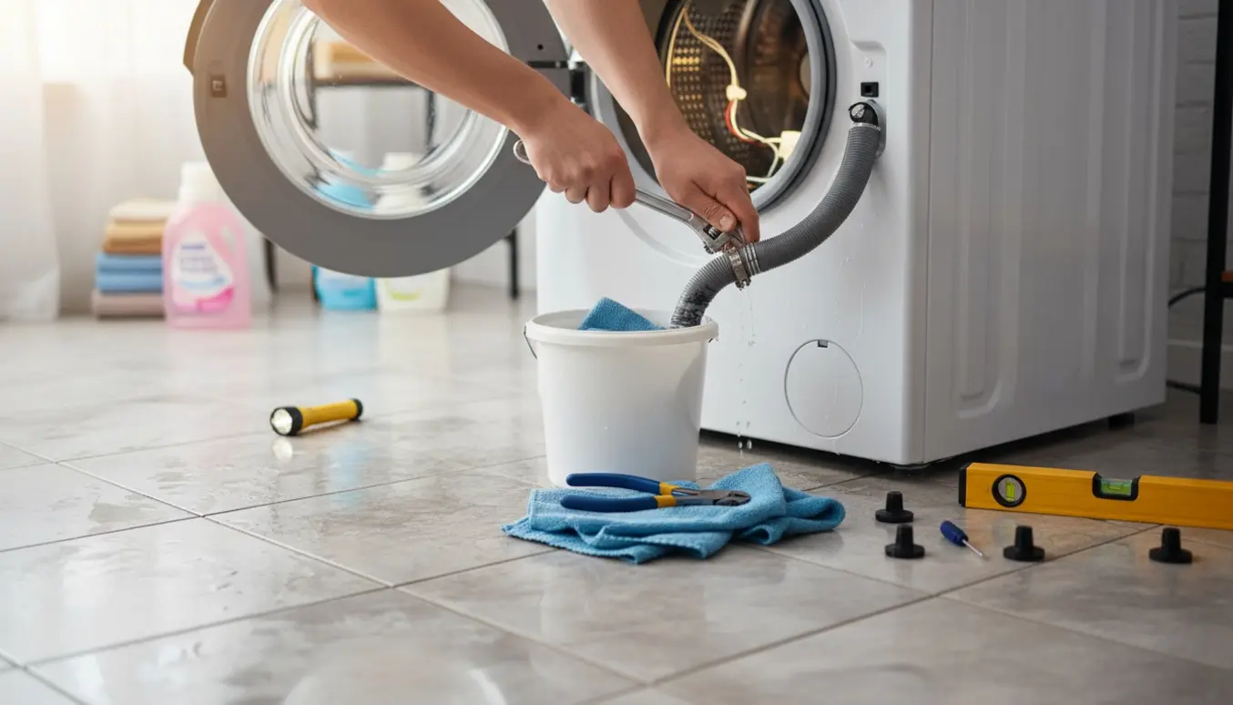 En tekniker inspicerer en utæt vaskemaskine med vand på gulvet og værktøj omkring.