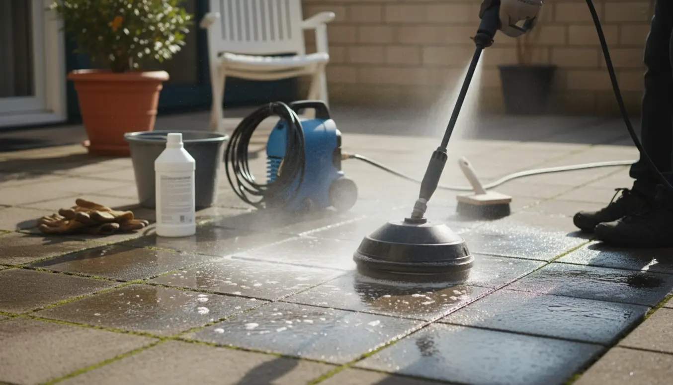 Højtryksrensning af terrassefliser med tydelig før/efter-kontrast og rengøringsudstyr.