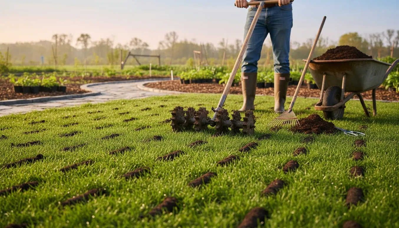 Forårsklargøring af have med luftning af græsplæne, værktøj og kompost i baggrunden.