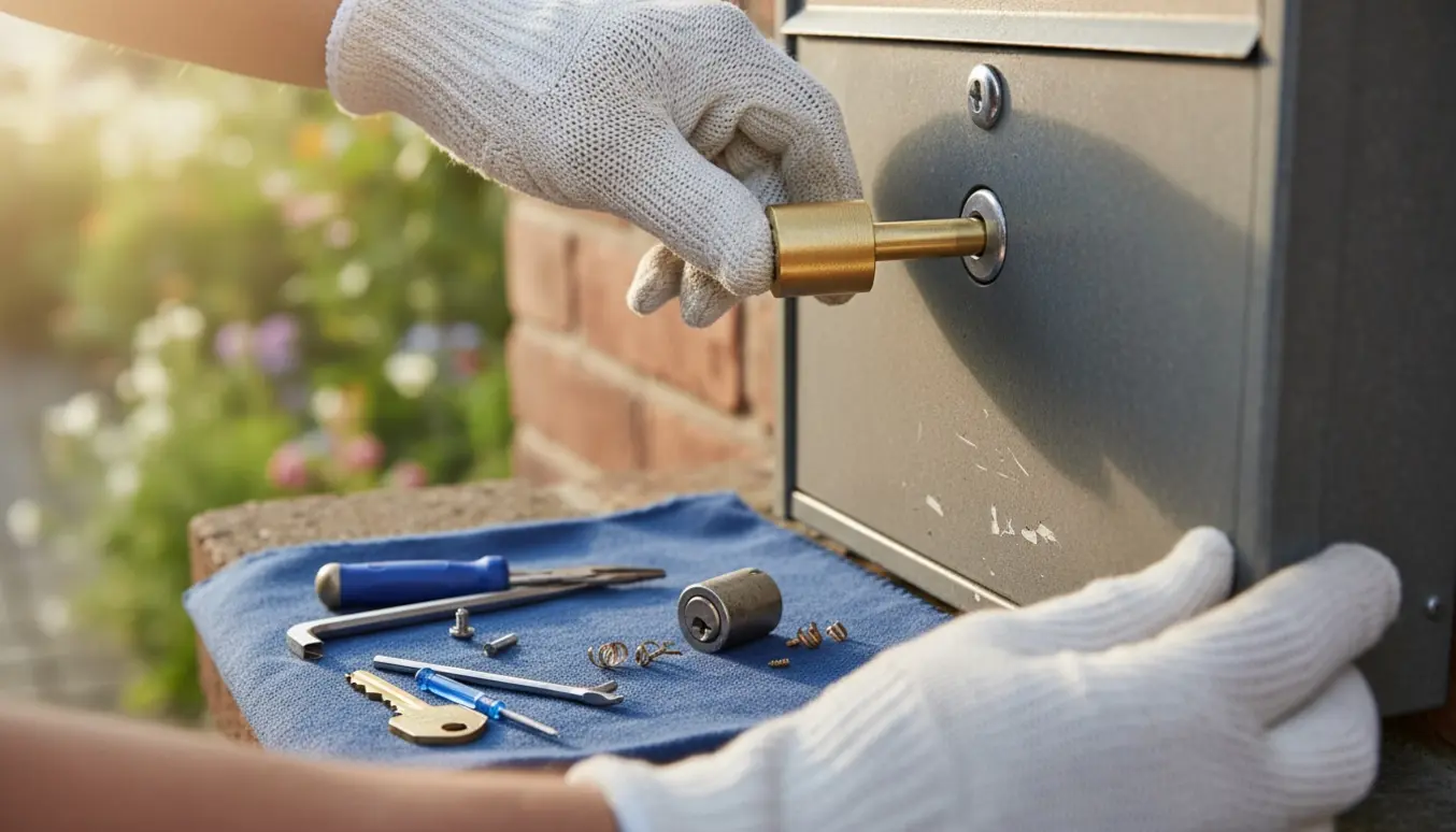 Nærbillede af hænder, der installerer en ny låsecylinder i en postkasse med værktøj ved siden af.