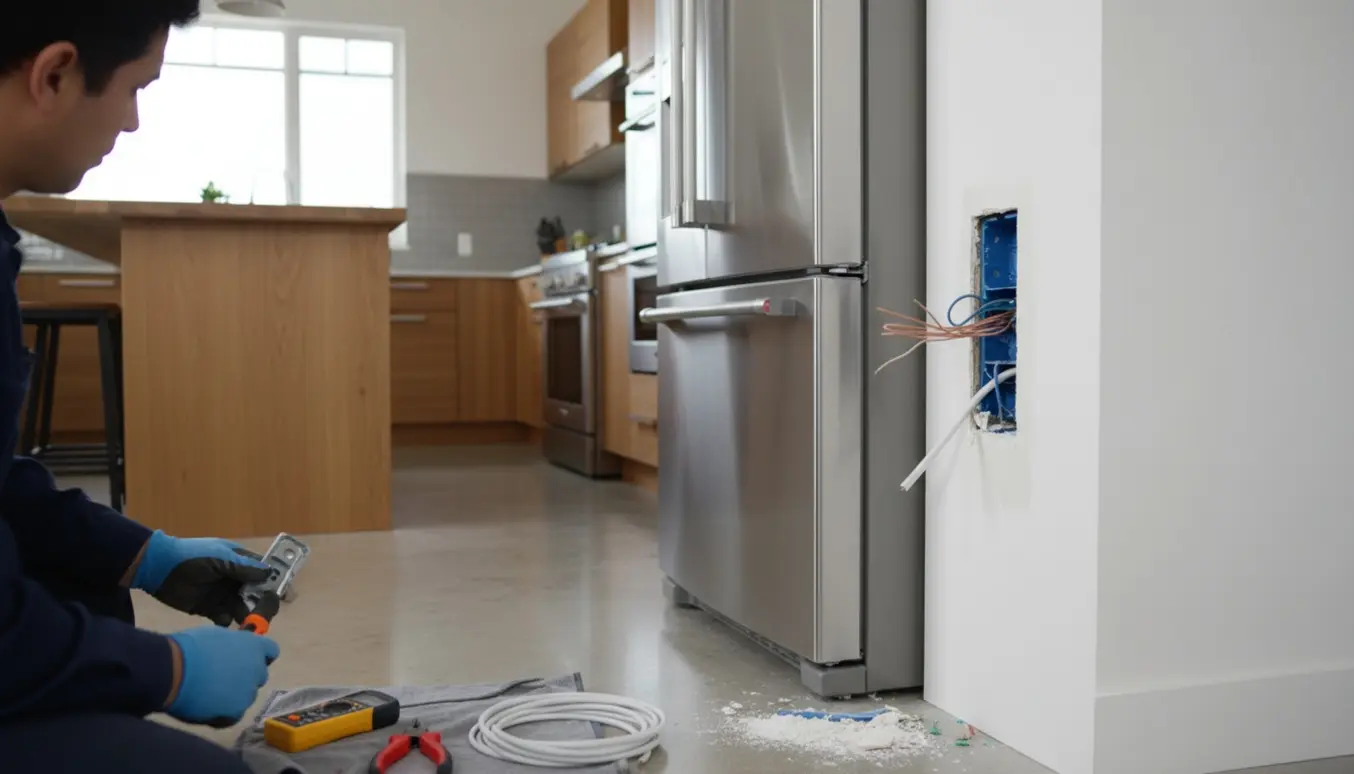 Elektriker flytter en køkkenstikkontakt med værktøj, mens køleskabet trækkes væk fra væggen.
