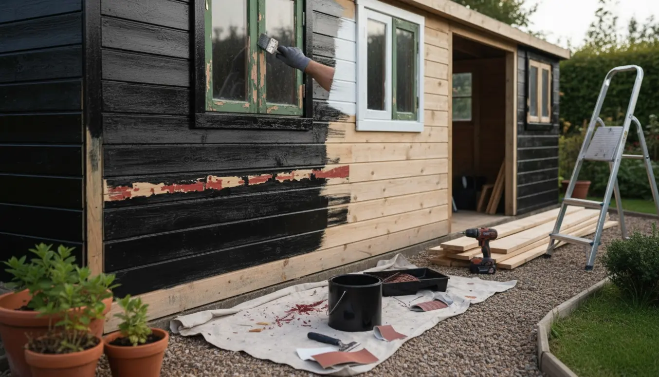 Kolonihavehus med afskallet rød facade og værktøj, hvor træværk males sort og et vindue males hvidt.