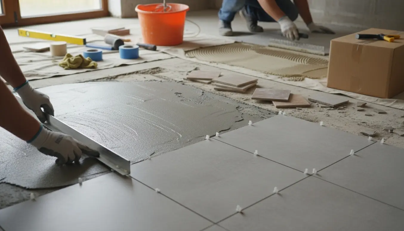 Håndværker udjævner gulvet og lægger nye fliser i et rum med fliser og værktøj i baggrunden.