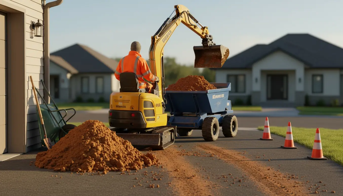 En gravemaskine læsser tung lerjord fra en indkørsel over i en lille dumper ved en villavej.