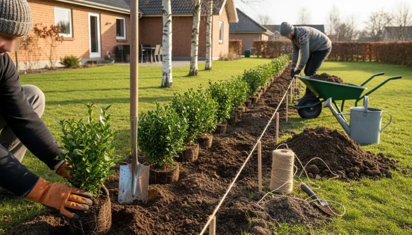 Nyplantet ligusterhæk i en Rødovre-villahave med spade og trillebør.