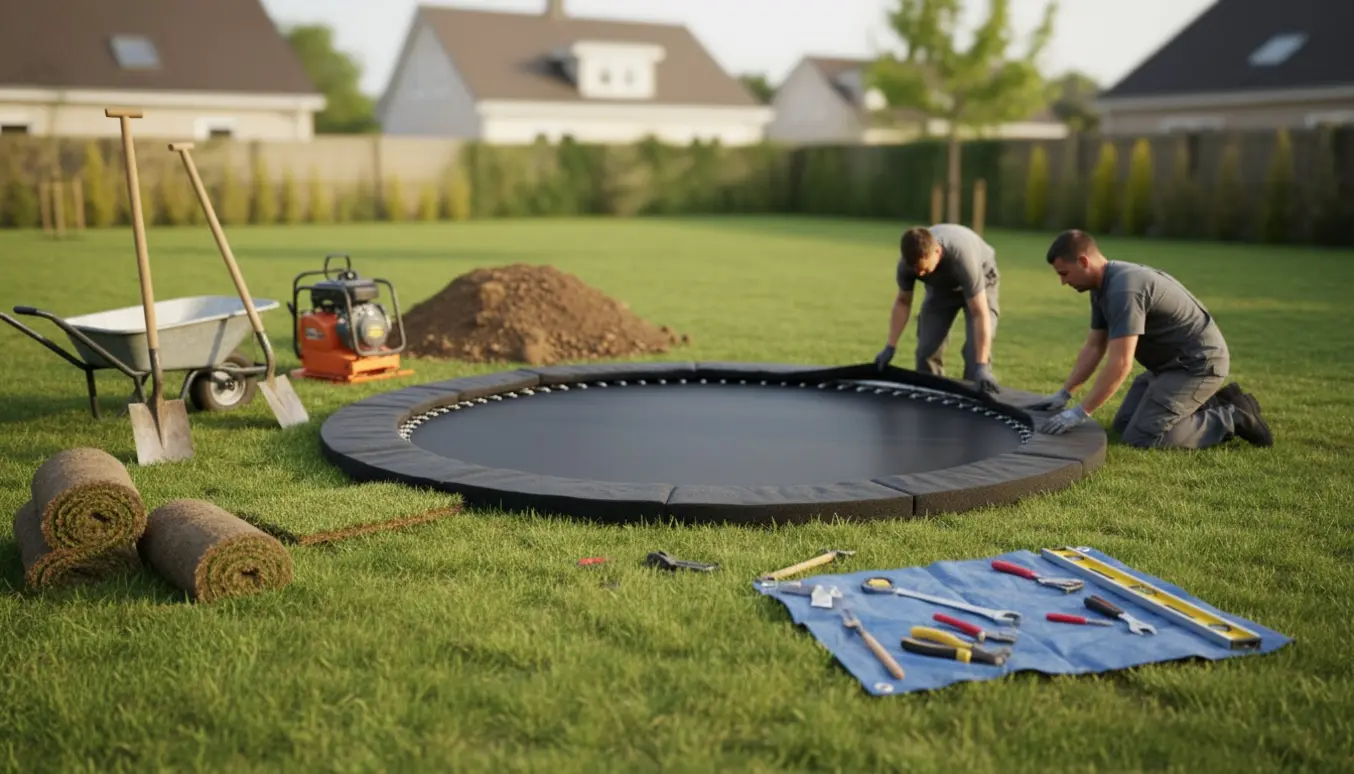 En nedgravet trampolin under installation i en solrig have med værktøj omkring.