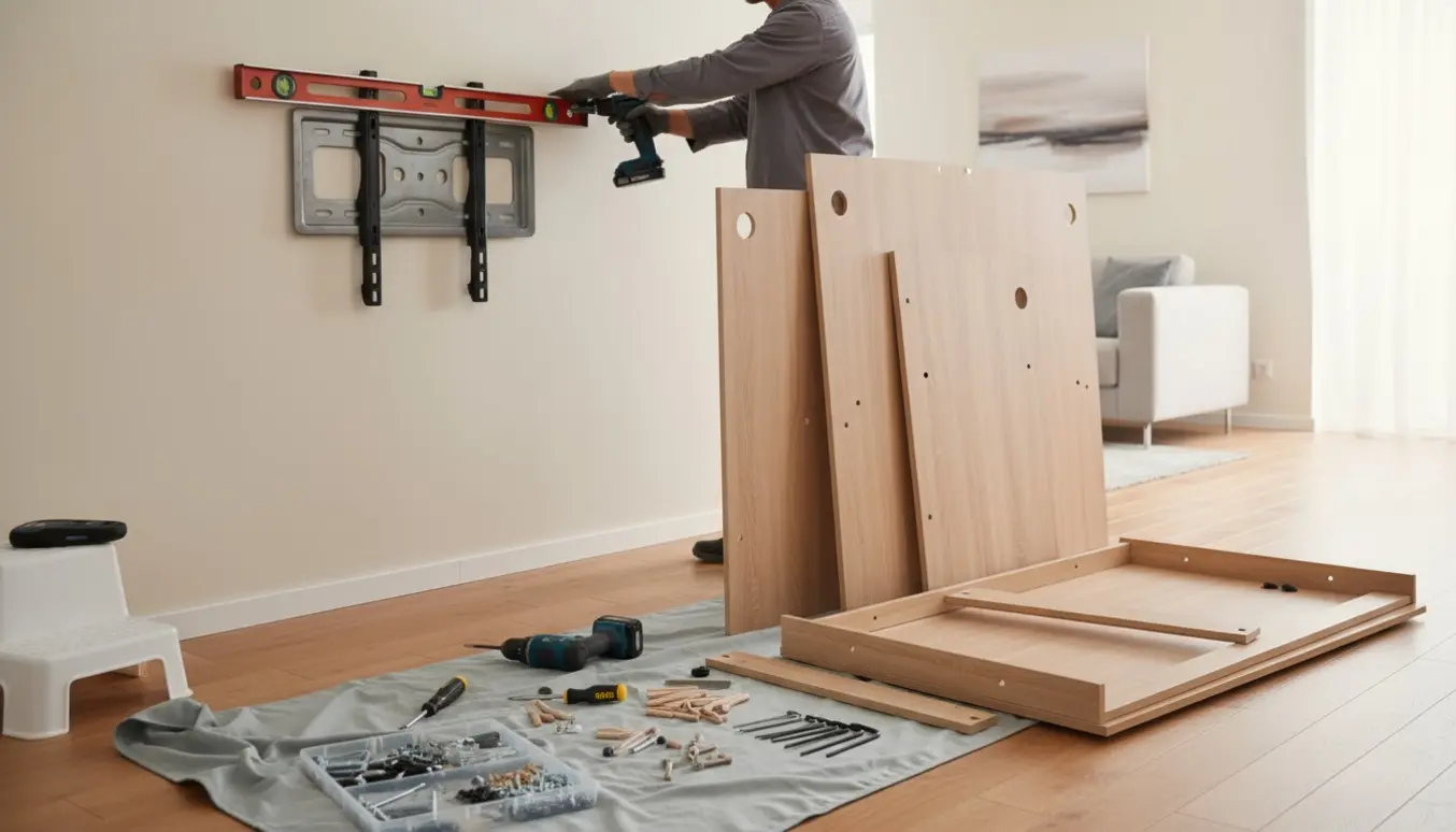 Fjernsyn monteres på væggen, mens et fladpakket garderobeskab er ved at blive samlet i stuen.