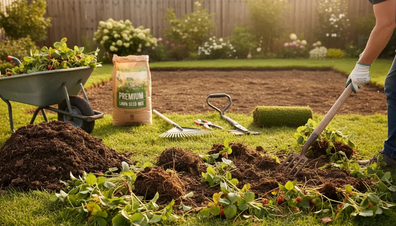 En haveejer fjerner jordbærbunddække og bærbuske fra et bed for at anlægge ny græsplæne.