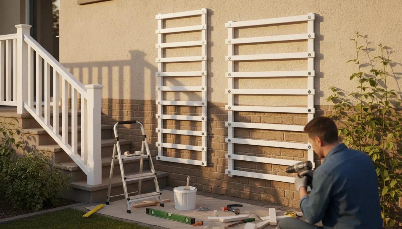 To hvide træespalier monteret på en husvæg og et nyt hvidt trærekværk ved en trappe.
