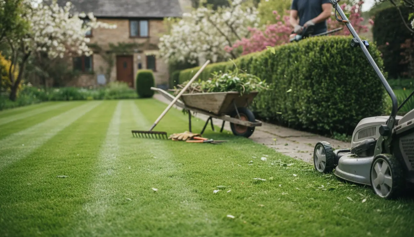 Nyslået græs og nysnoet hæk i en forhave med haveredskaber og en havemand uden synligt ansigt.