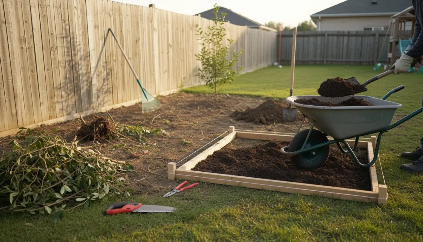 Opklarning af bed og opfyldning med jord i havebed for at forberede et legetårn.