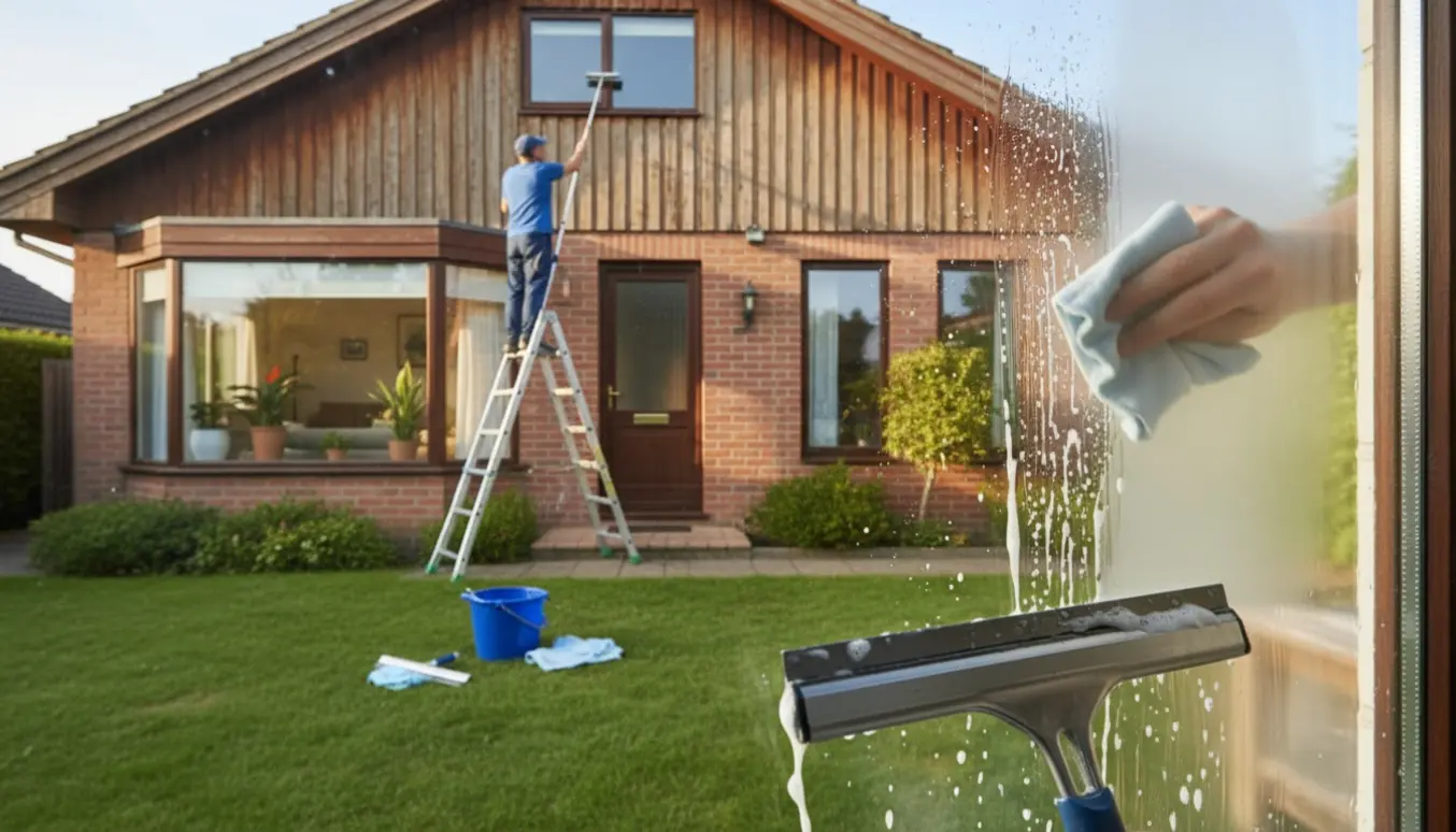 Nærbillede af vinduespudsning på en enplansvilla med stige, spand, skraber og en hånd, der tørrer ruden.