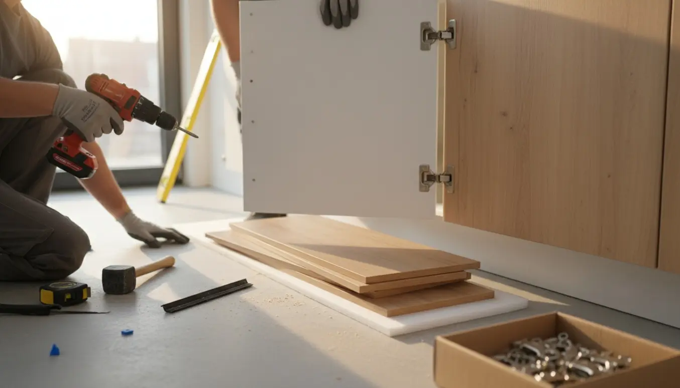 Håndværker monterer køkkenskabe mens klikgulvplanker ligger klar i et lyst, ryddeligt rum.