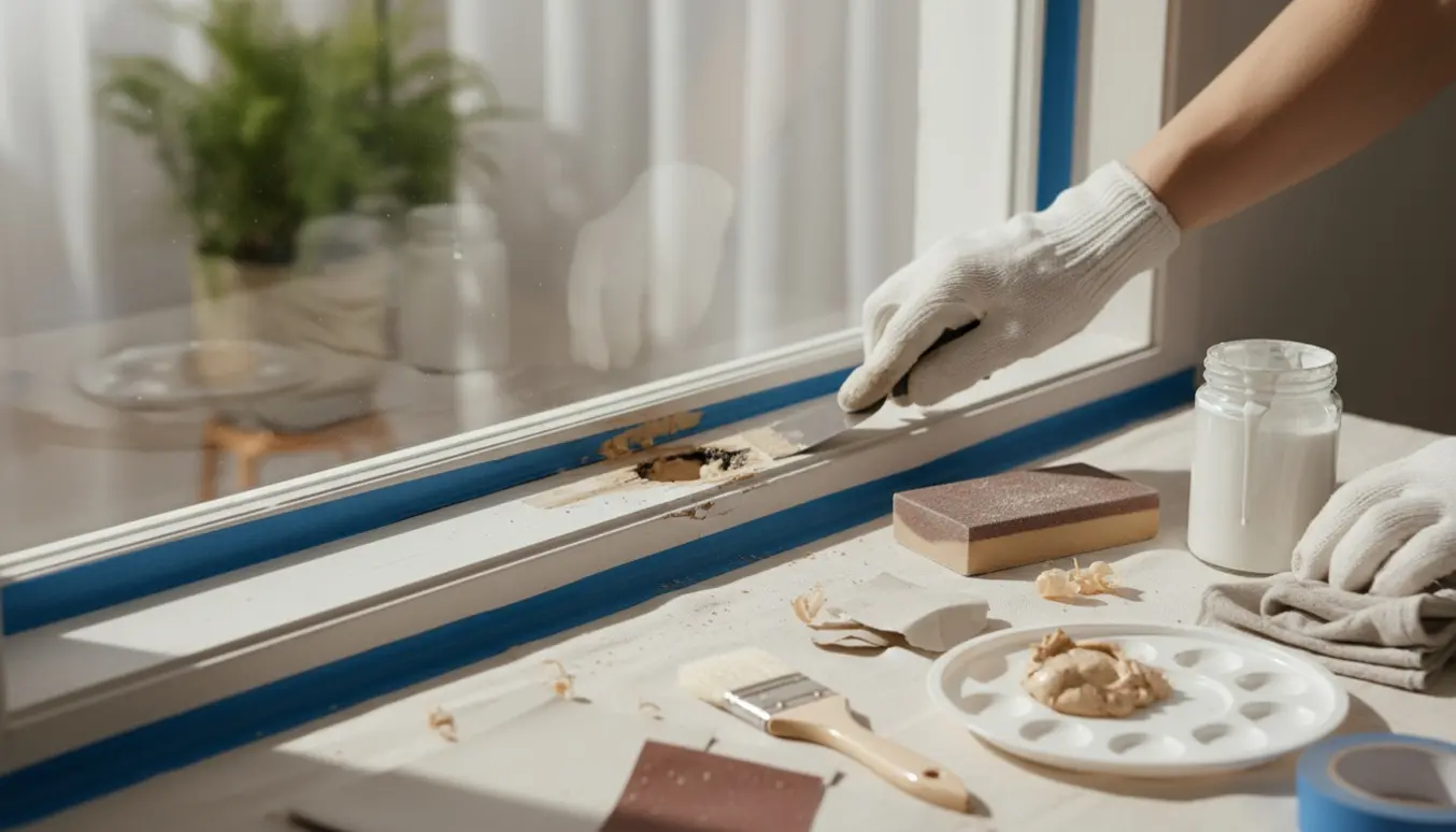 Nærbillede af reparation af malet trævindueskarm med spartelmasse og værktøj i naturligt dagslys.