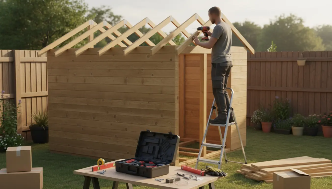 Halvfærdigt træskur i baghaven under samling med værktøj i forgrunden og en håndværker med ryggen til, der bruger en boremaskine.