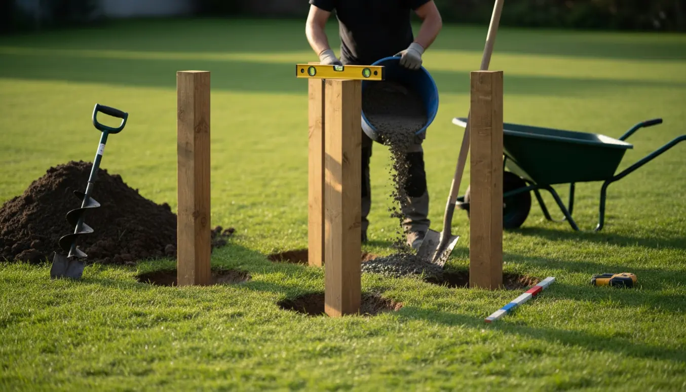 Nedgravning og støbning af seks stolper til et klatrestativ på en græsplæne med værktøj og jordhoveder klar.