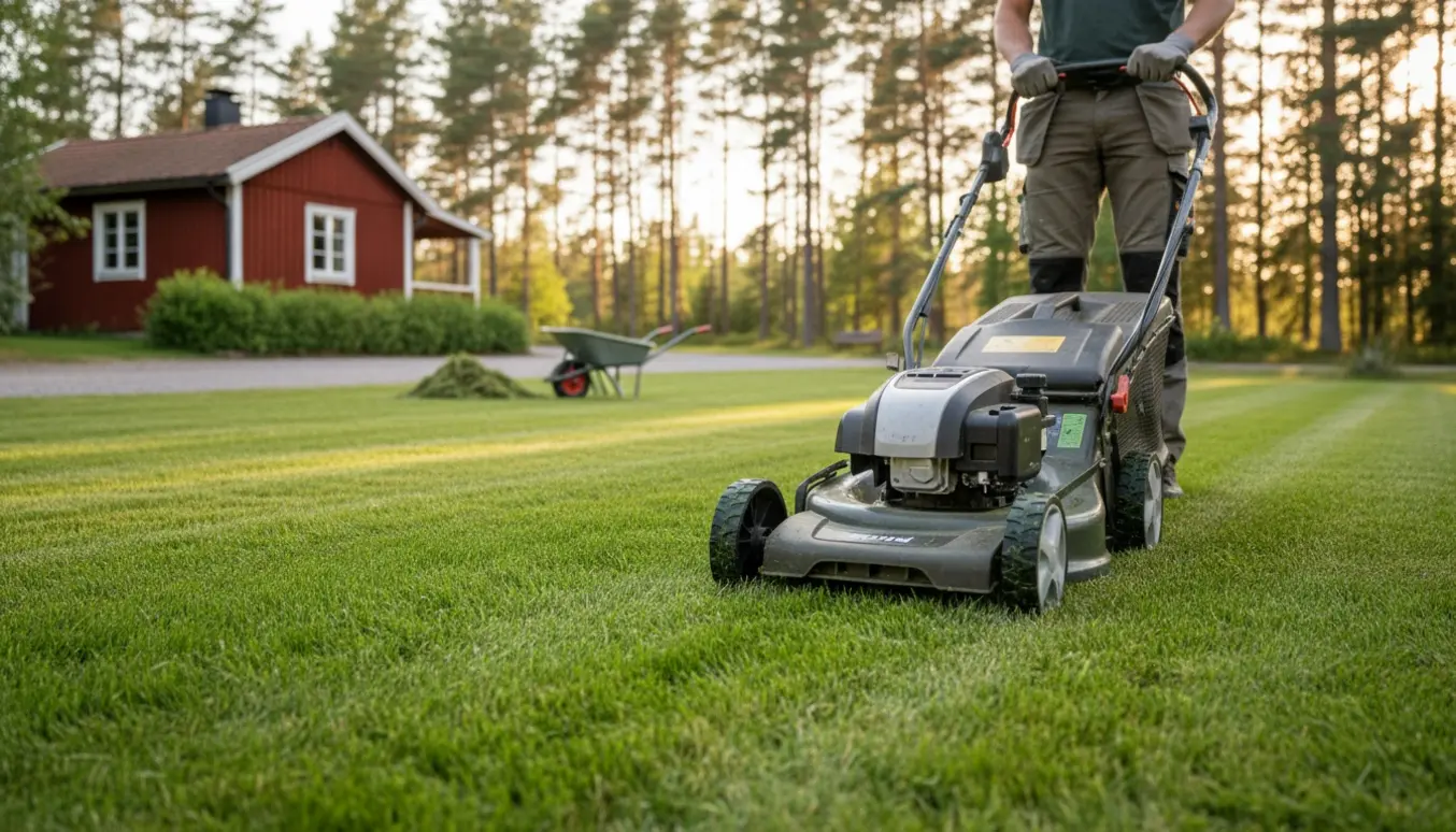 Plæneklipper i arbejde foran et rødt sommerhus med nyslået, stribet græs på en flad sommergrund.