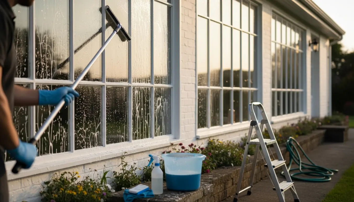 Hænder pudser stueetagens ruder med skraber og spand foran en række vinduer i blødt dagslys.