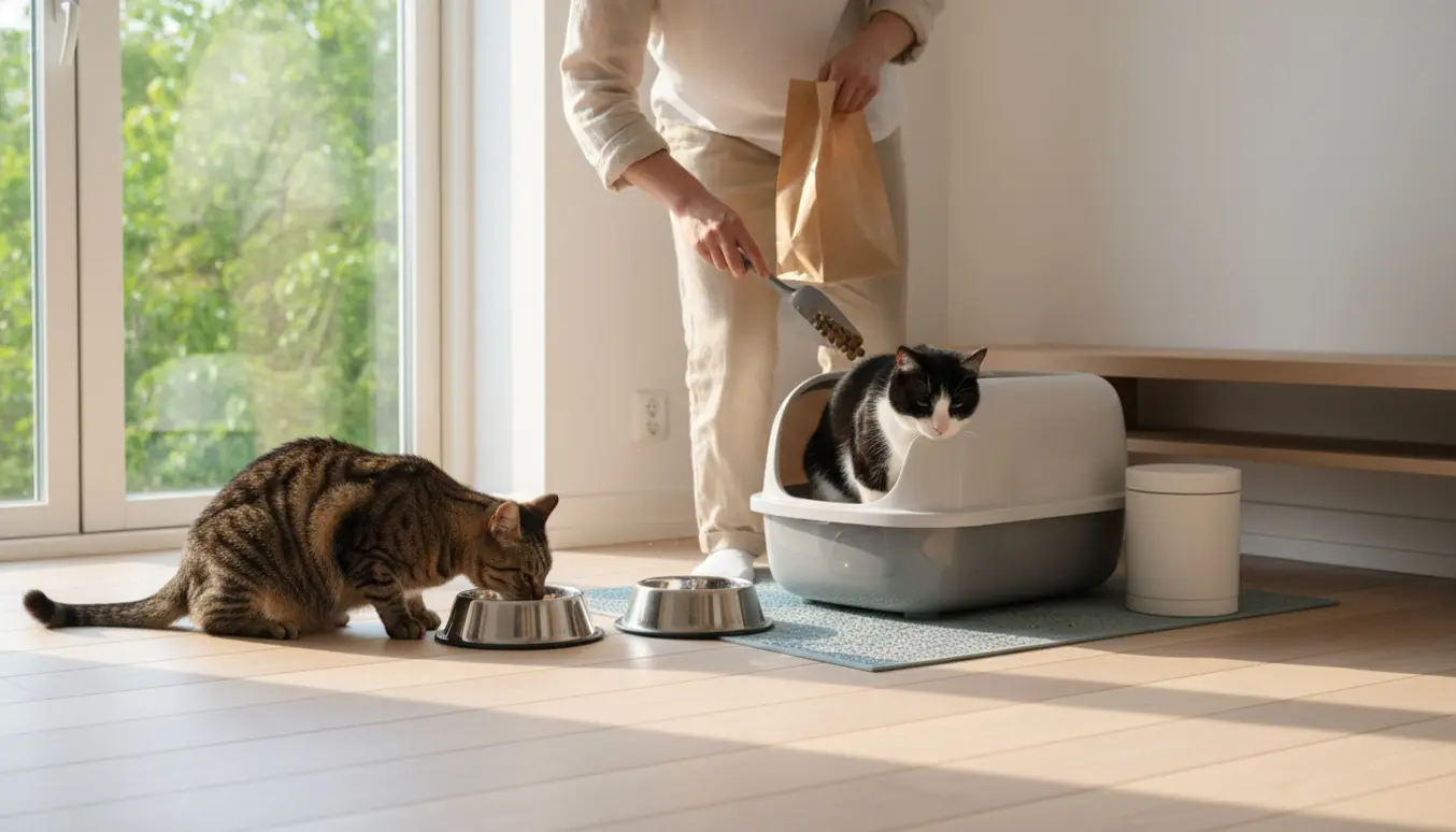 To katte i en lys sommerlejlighed, en hånd tømmer kattebakken og en skål fyldes med mad.