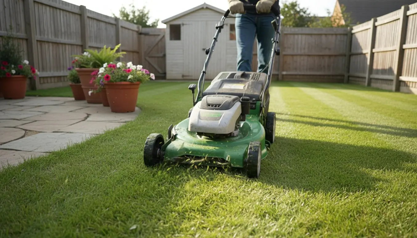 Plæneklipper i aktion på en lille baghave, kun hænder og ben synlige.