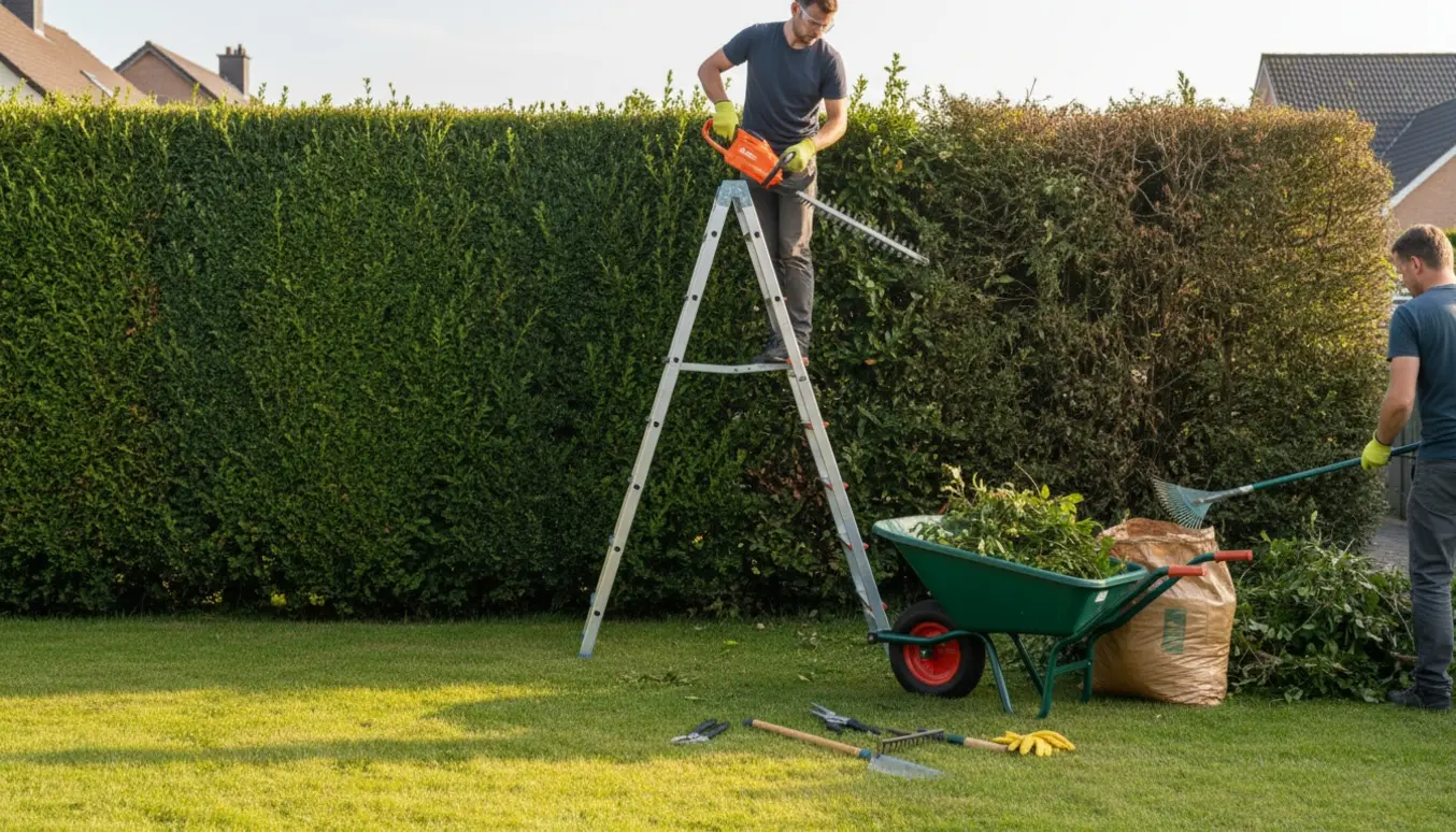 En stige står mod en hæk, en person på stigen klipper toppen med en hækkeklipper, mens en anden samler afklip i en trillebør.