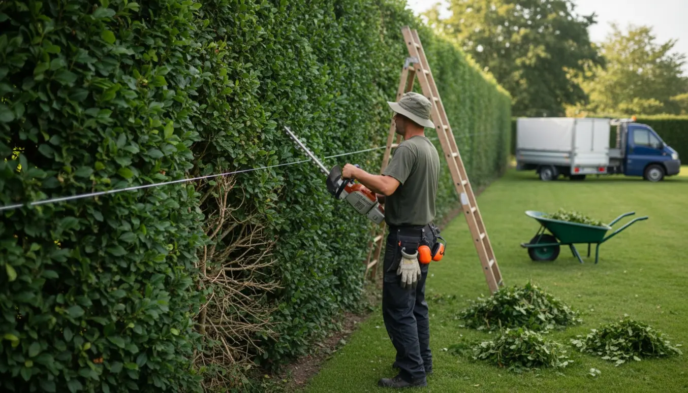 En person klipper cirka en meter af toppen af en stor bøgehæk med hækkeklipper, mens afklippede grene samles i en trillebør.