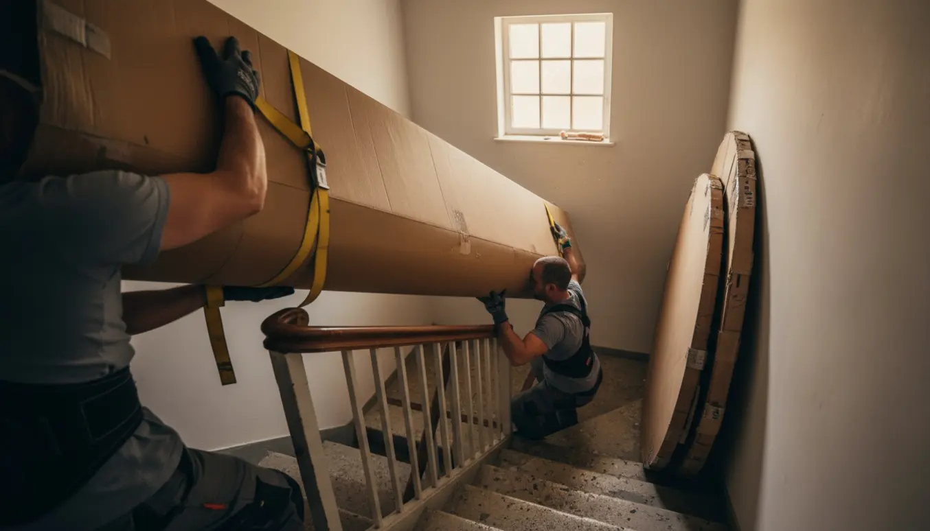 To flyttemænd fører en stor rund bordplade i pap op ad en smal trappeopgang mod fjerde sal.